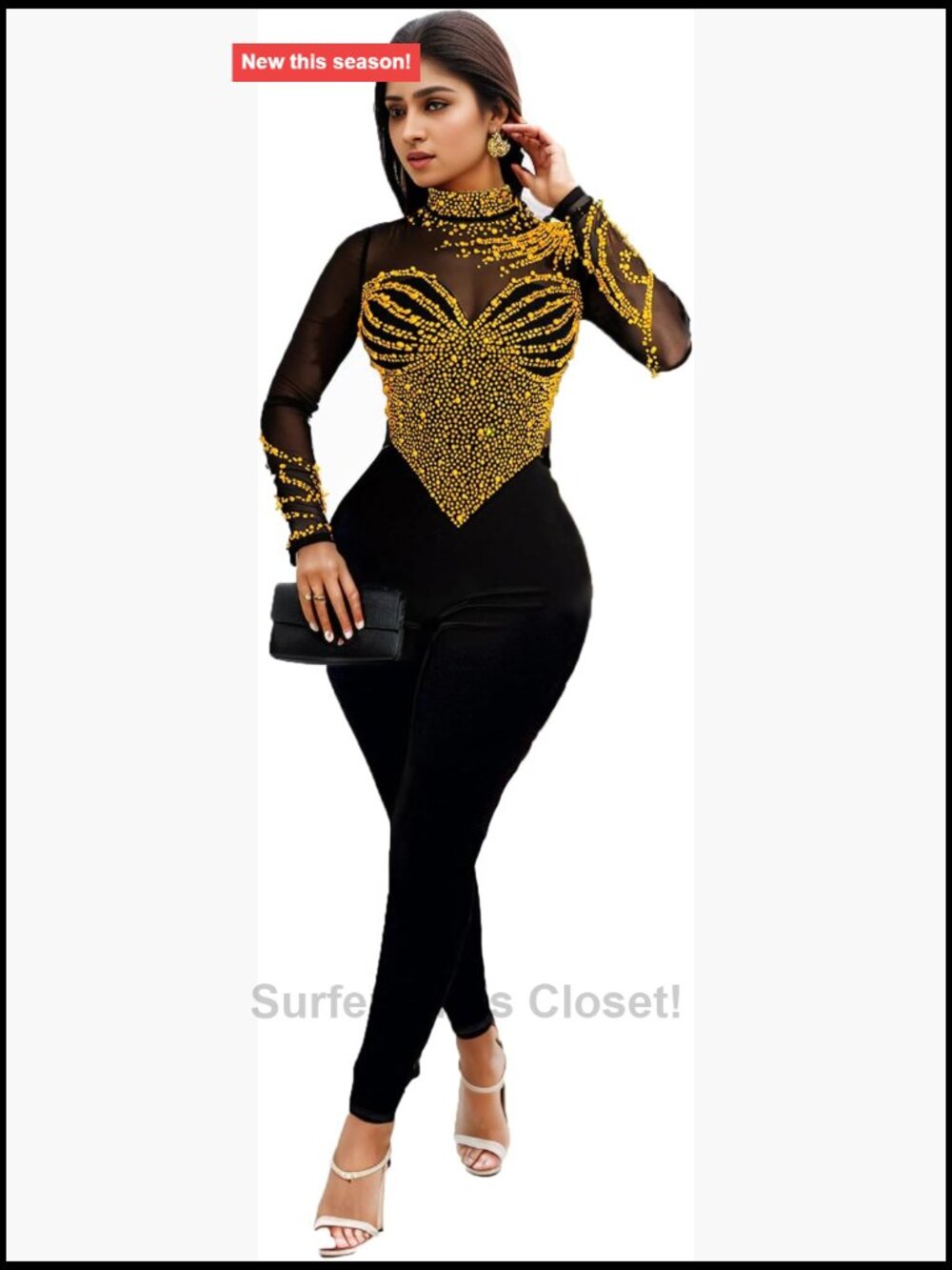 Rhinestone Mesh See Through Long Sleeve Bodycon Jumpsuit Party Clubwear